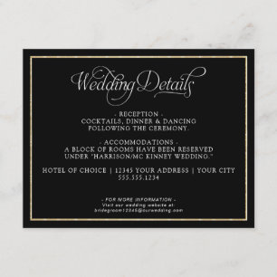 Tarjeta De Recepción Elegante Monograma Guión Dorado Boda Negro Detalle