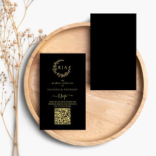 Tarjeta De Recepción Elegante Monograma negro y dorado Boda de corona R