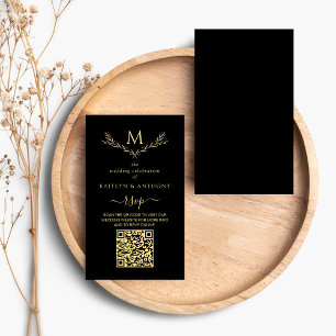Tarjeta De Recepción Elegante Monograma negro y dorado Boda de corona R