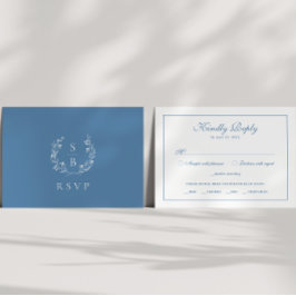 Tarjeta De Recepción Elegante Monograma Real Azul Botánico Wreath RSVP