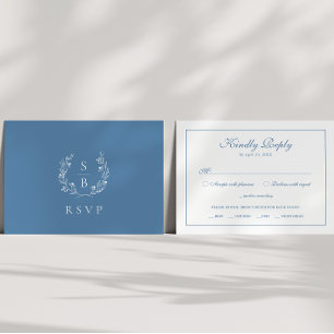 Tarjeta De Recepción Elegante Monograma Real Azul Botánico Wreath RSVP