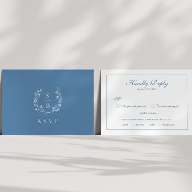 Tarjeta De Recepción Elegante Monograma Real Azul Botánico Wreath RSVP (Subido por el creador)