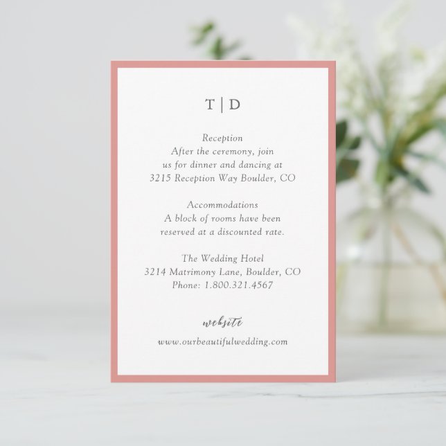 Tarjeta De Recepción Elegante Monograma rosa coral Boda moderno (Anverso de pie)