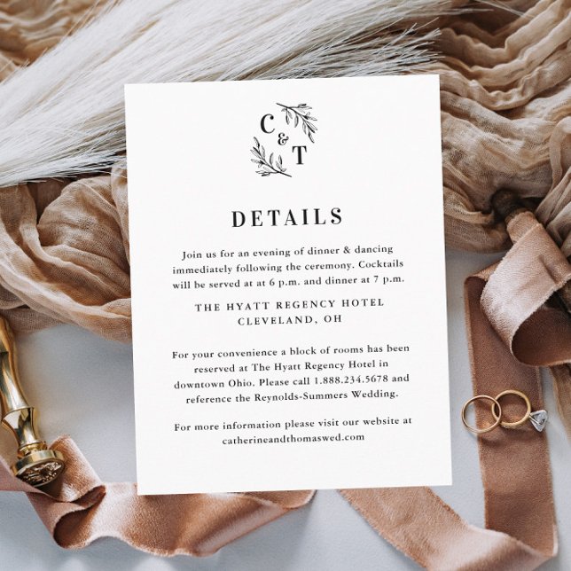 Tarjeta De Recepción Elegante Monograma Verdor deja detalles Bodas (Elegant Wedding Monogram Black and White Wedding Invitation Details Enclosure Card.)