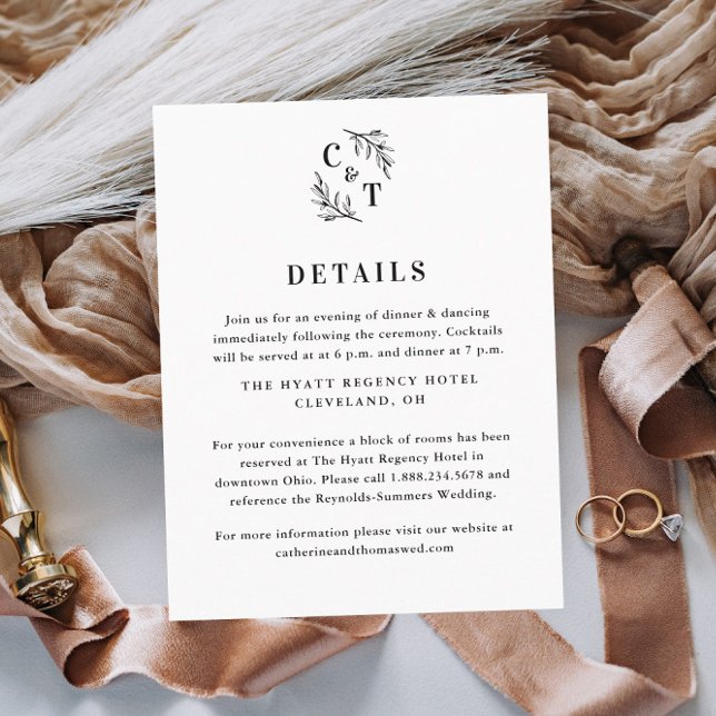 Tarjeta De Recepción Elegante Monograma Verdor deja detalles Bodas (Elegant Wedding Monogram Black and White Wedding Invitation Details Enclosure Card.)