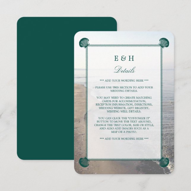 Tarjeta De Recepción Elegante Monograma y Verde azulada boda de playa d (Anverso / Reverso)