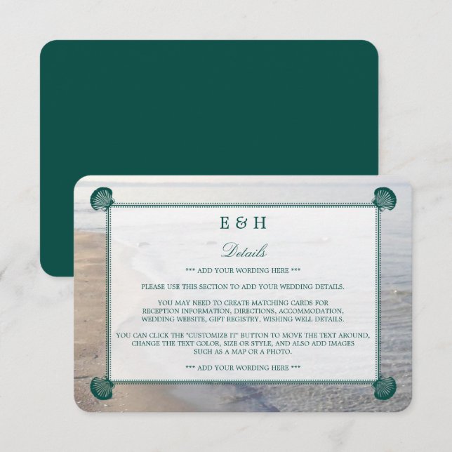 Tarjeta De Recepción Elegante Monograma y Verde azulada boda de playa d (Anverso / Reverso)