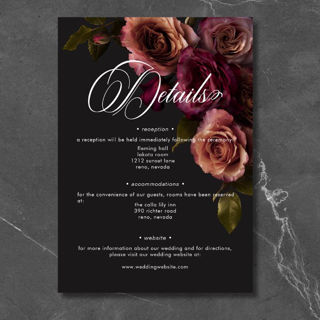 Tarjeta De Recepción Elegante Moody Amueblado Rust & Burgundy Floral De (Elegant Moody Muted Rust & Burgundy Floral Details Enclosure Card)