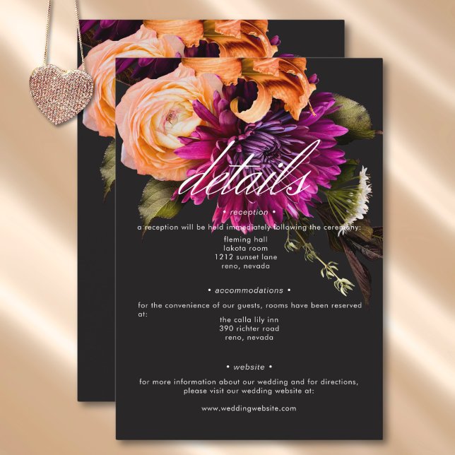Tarjeta De Recepción Elegante Moody Vibrant Sunset Floral Detalles (Elegant Moody Vibrant Sunset Floral Details Enclosure Card)
