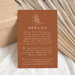 Tarjeta De Recepción Elegante Moon y Stars Terracotta Boda Detalles<br><div class="desc">Diseñada para coordinar con nuestra elegante colección de bodas de la Luna Botánica y las Estrellas, esta tarjeta de detalles de boda boho cuenta con un ilustracion de arte de la línea crema de una luna adornada con estrellas y follaje en un fondo de terracota. Personalice la tarjeta con detalles...</div>