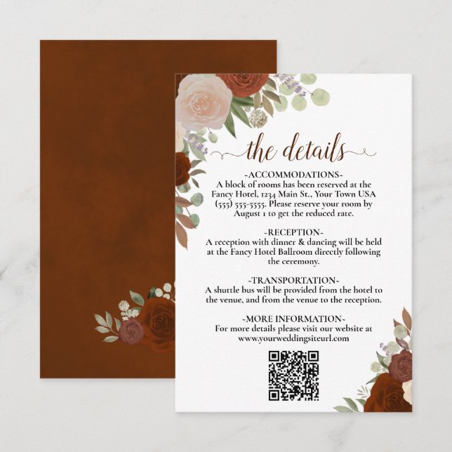 Tarjeta De Recepción Elegante Naranja de óxido Rosas Boda detalles códi (Anverso / Reverso)