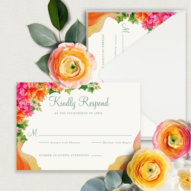 Tarjeta De Recepción Elegante Naranja Floral Bougainville Wedding RSVP (Subido por el creador)