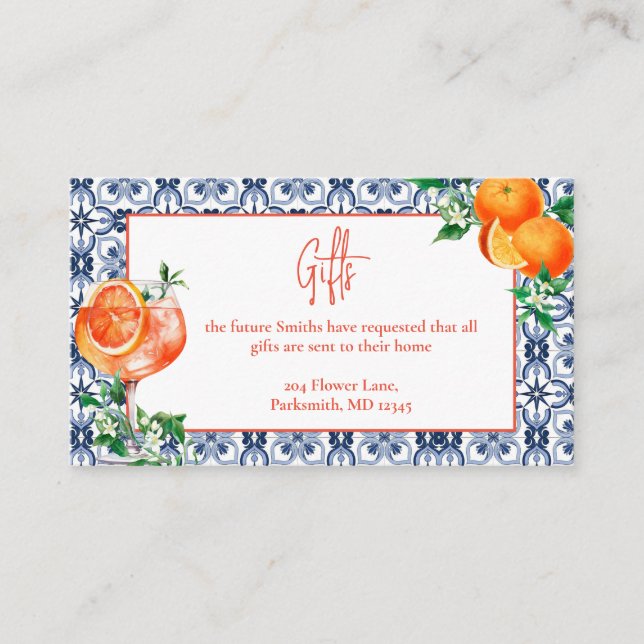 Tarjeta De Recepción Elegante Naranja Spritz Detalles Regalos (Anverso)