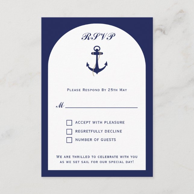 Tarjeta De Recepción Elegante Navy Arch y Boda Náutica Blanca RSVP (Anverso)