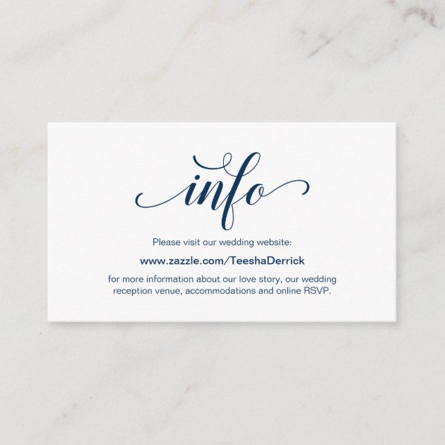 Tarjeta De Recepción Elegante Navy Blue, detalles de sitio web Boda (Anverso)