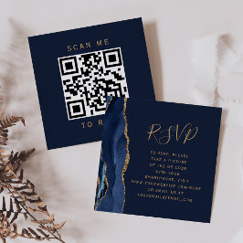 Tarjeta De Recepción Elegante Navy Blue Gold Agate Boda Código QR RSVP