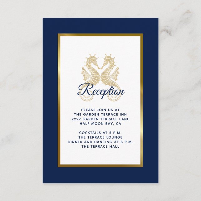 Tarjeta De Recepción Elegante Navy Blue Gold Seahorses Wedding Recepció (Anverso)