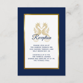 Tarjeta De Recepción Elegante Navy Blue Gold Seahorses Wedding Recepció