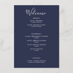 Tarjeta De Recepción Elegante Navy Blue Modern Welcome Itinerary