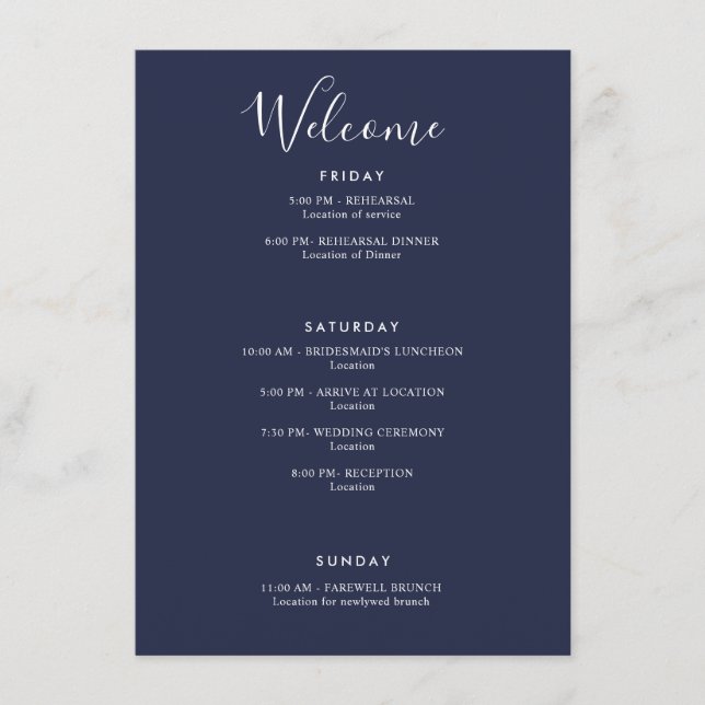 Tarjeta De Recepción Elegante Navy Blue Modern Welcome Itinerary (Anverso)