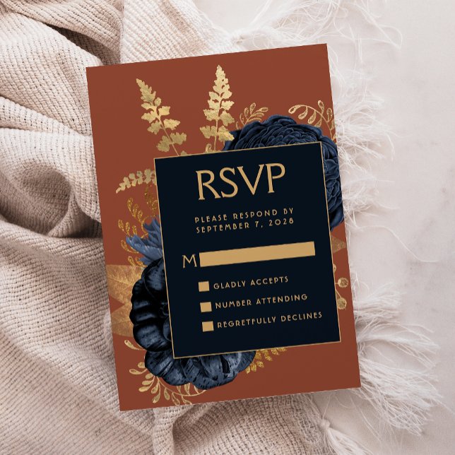 Tarjeta De Recepción Elegante Navy Floral Blue Rust Gold Wedding RSVP (Subido por el creador)
