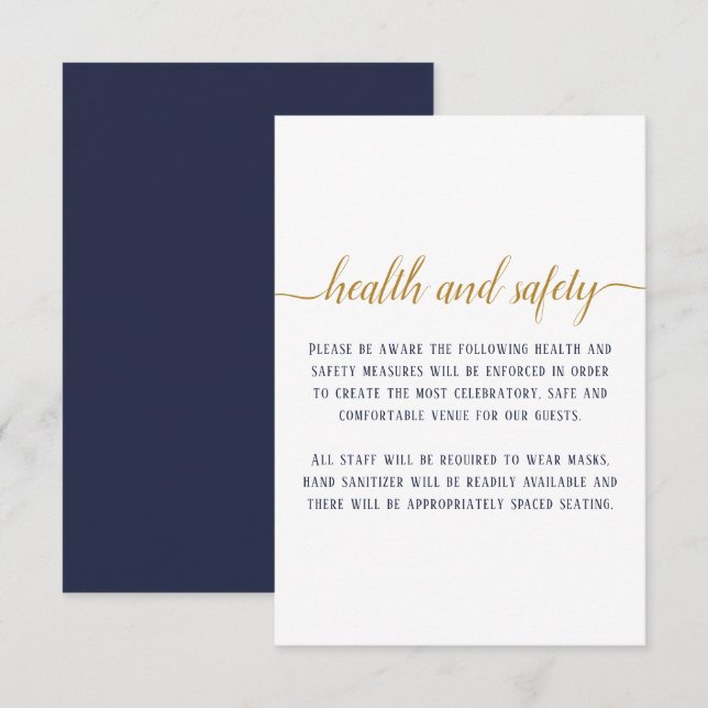 Tarjeta De Recepción Elegante Navy Gold Script Boda Seguridad de la sal (Anverso / Reverso)