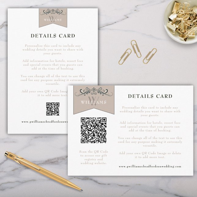 Tarjeta De Recepción Elegante negro Tan Capítulo Página Boda Insertar t (Vertical and Horizontal Elegant Vintage Wedding Details Cards with QR Code Space Included)