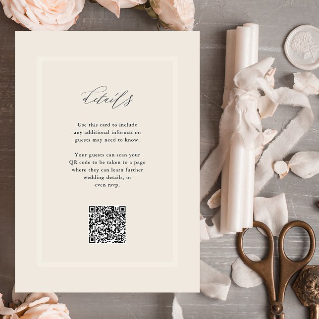 Tarjeta De Recepción Elegante Neutral Moderno Boda Detalles Código QR (A simple, neutral wedding details card with QR code so your guests can visit your website or rsvp)