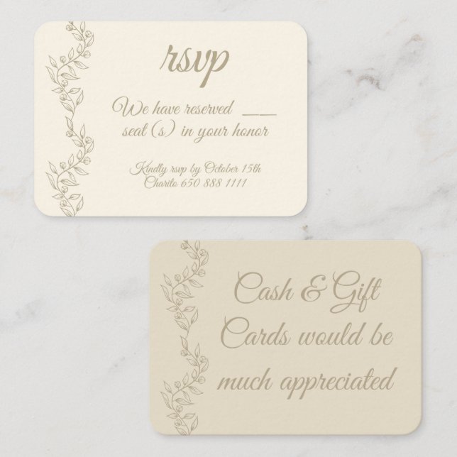 Tarjeta De Recepción Elegante número de asientos RSVP Regalos en efecti (Anverso / Reverso)