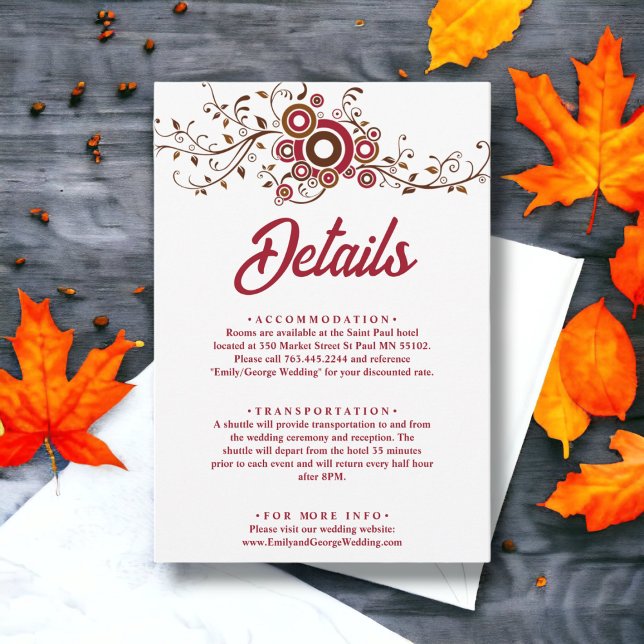 Tarjeta De Recepción Elegante Ornate Burgundy Leaves Cae Boda Floral (Subido por el creador)