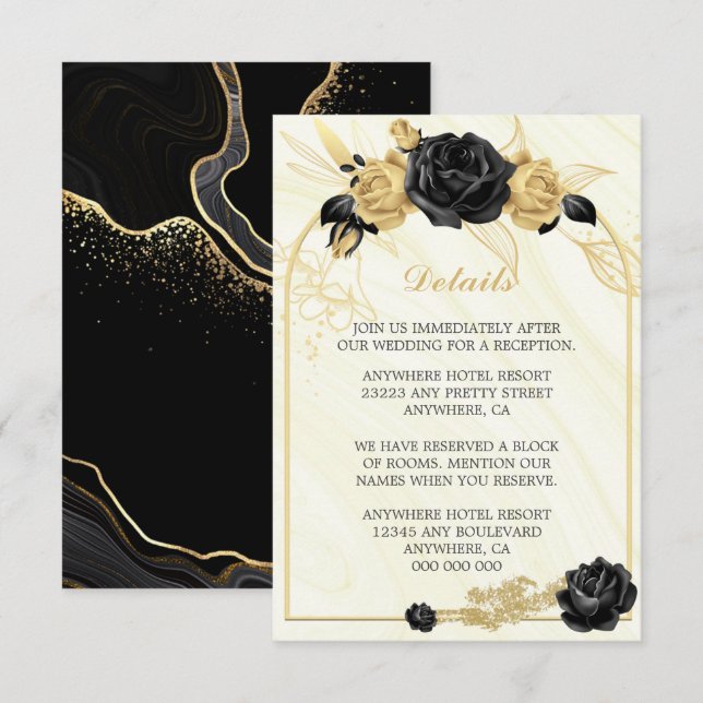 Tarjeta De Recepción Elegante oro y flores negras y detalles de hojas (Anverso / Reverso)