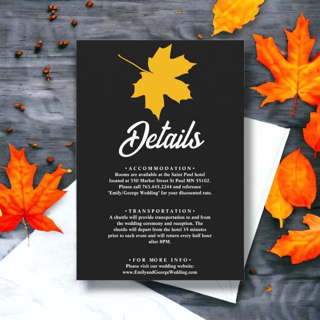 Tarjeta De Recepción Elegante otoño amarillo negro deja Boda floral (Subido por el creador)