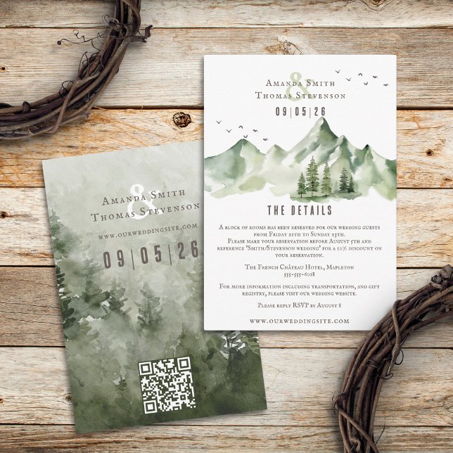 Tarjeta De Recepción Elegante paisaje sereno de montaña verde código QR (Subido por el creador)