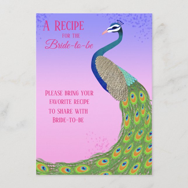 Tarjeta De Recepción Elegante Peacock Bridal Shower Comparte Una Receta (Anverso)