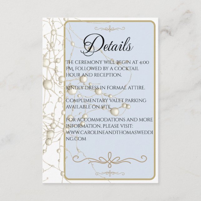 Tarjeta De Recepción Elegante Pearl Gold Script Boda Perlas románticas (Anverso)