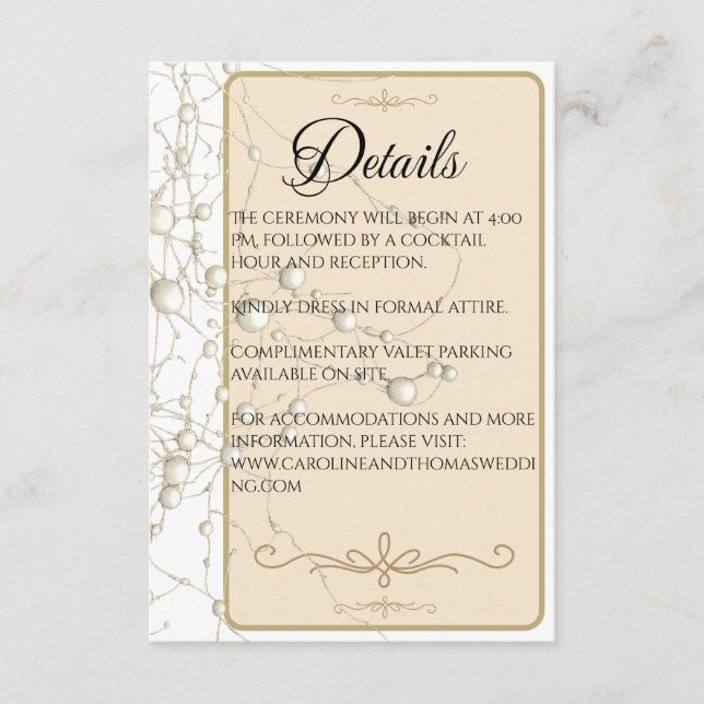 Tarjeta De Recepción Elegante Pearl Gold Script Boda Perlas románticas (Anverso)