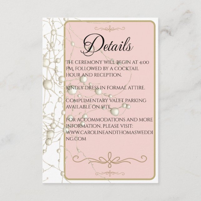 Tarjeta De Recepción Elegante Pearl Gold Script Boda Perlas románticas (Anverso)