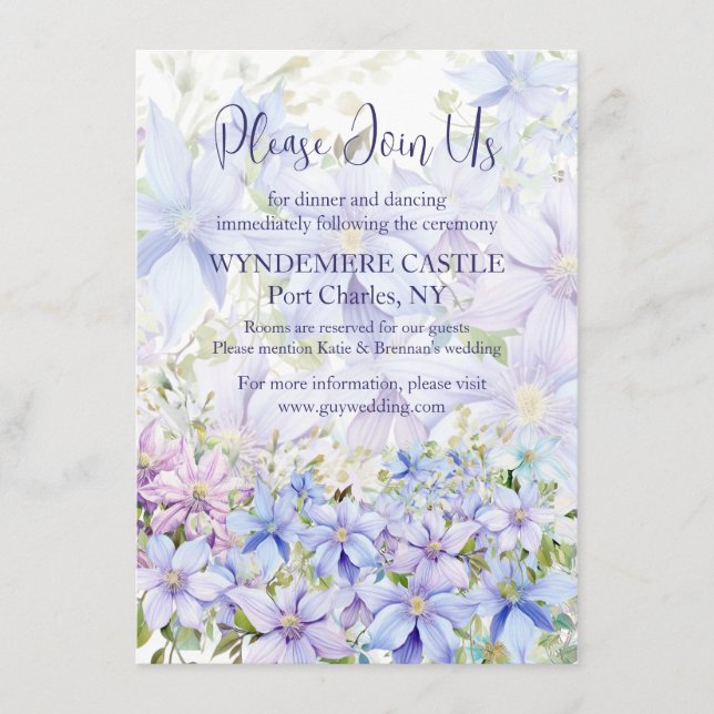 Tarjeta De Recepción Elegante Periwinkle Clematis Boda (Anverso)