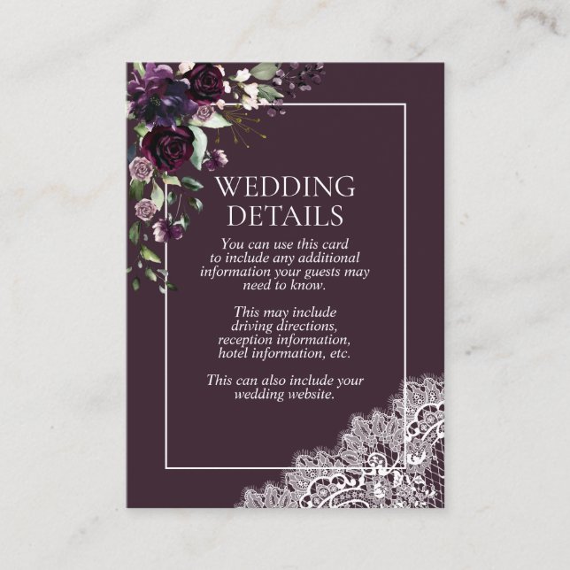 Tarjeta De Recepción Elegante Plum Purple Floral Lace Detalles (Anverso)