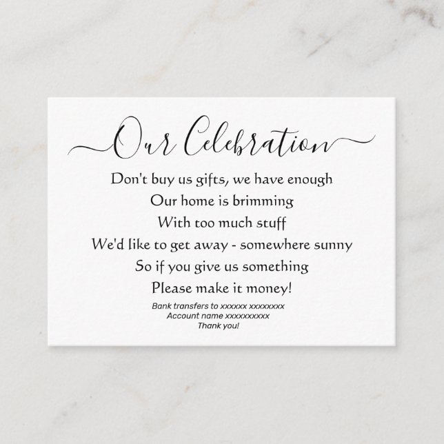 Tarjeta De Recepción Elegante Poema de Boda Sin Regalos Dinero (Anverso)