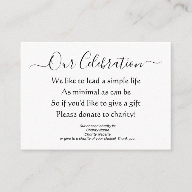 Tarjeta De Recepción Elegante Poema de Donación de Caridad Mínima Sin R (Anverso)