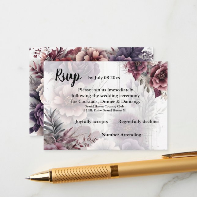 Tarjeta De Recepción Elegante púrpura, rosa y marrón floral Rsvp (Anverso/Reverso In Situ)