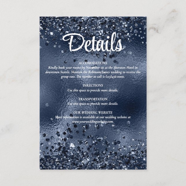 Tarjeta De Recepción Elegante Purpurina azul oscuro y detalles del Boda (Anverso)