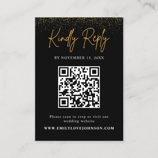 Tarjeta De Recepción Elegante Purpurina de oro QR Boda de código RSVP (Anverso)