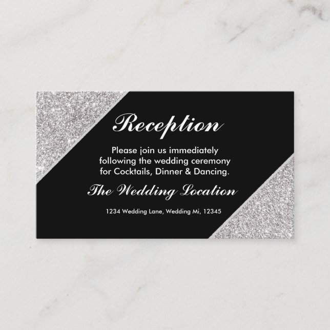 Tarjeta De Recepción Elegante purpurina plateado moderno en negro (Anverso)