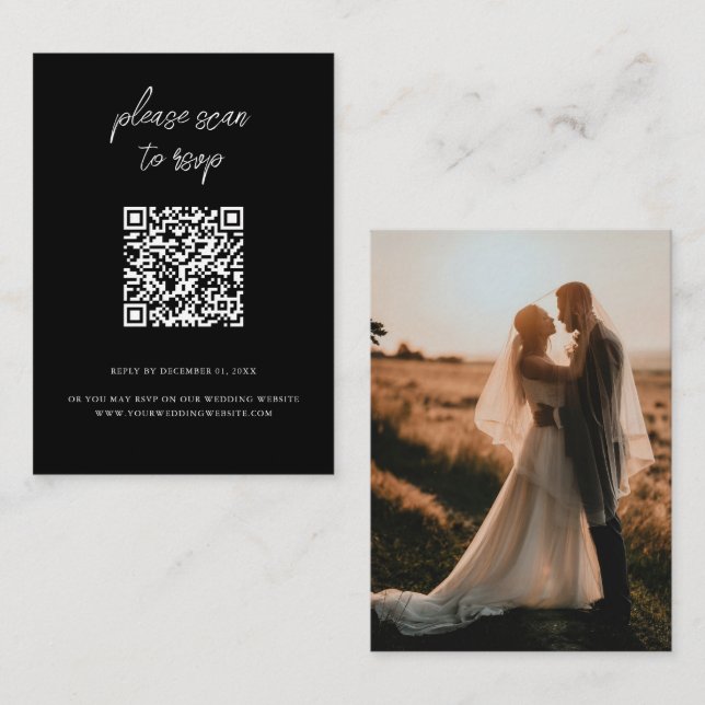 Tarjeta De Recepción Elegante QR Code Photo Black Wedding RSVP (Anverso / Reverso)