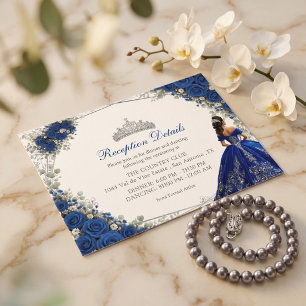 Tarjeta De Recepción Elegante Quinceañera de Rosas Azules Reales y Plat