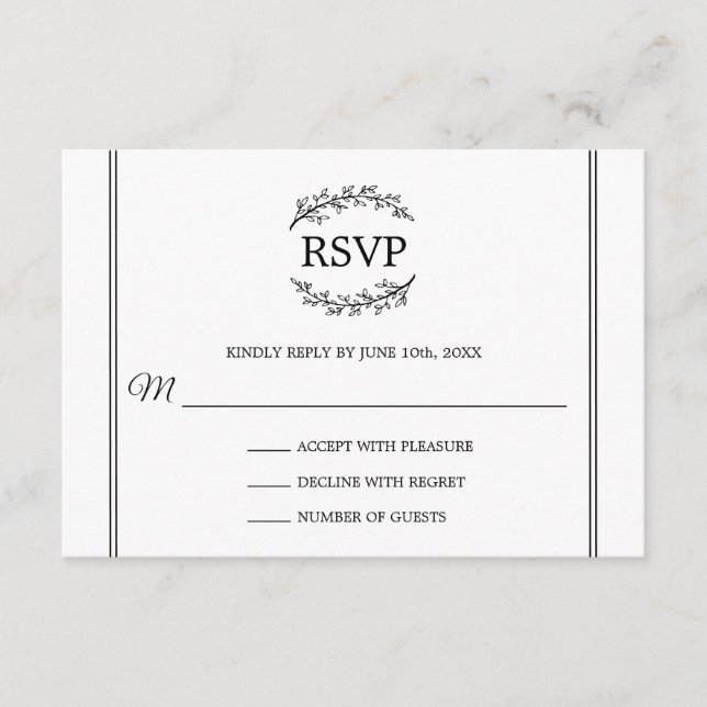 Tarjeta De Recepción Elegante ramas de estilo francés RSVP blanco Monog (Anverso)