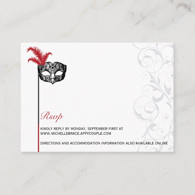 Tarjeta De Recepción Elegante Red Black Masquerade RSVP (Anverso)