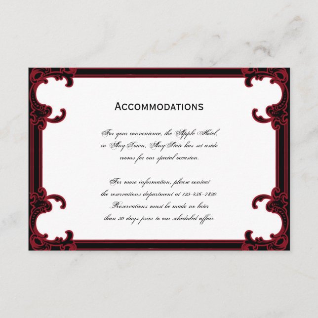 Tarjeta De Recepción Elegante Red Gothic Frame Bodas Alojamiento (Anverso)